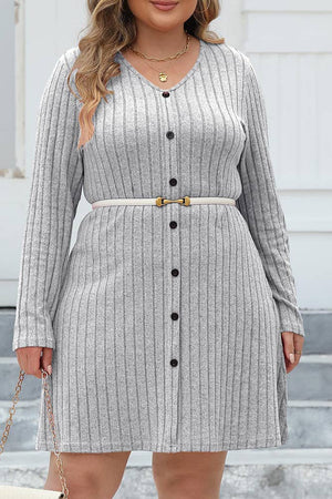 V Neck Buttoned Rib Plus Size Dress Grey