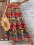 Print High Waist Skirt, Boho Ruffle Hem Beach Maxi Skirt,