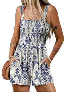 Square Neck Sleeveless Loose Jumpsuit Shorts: Blue / XL