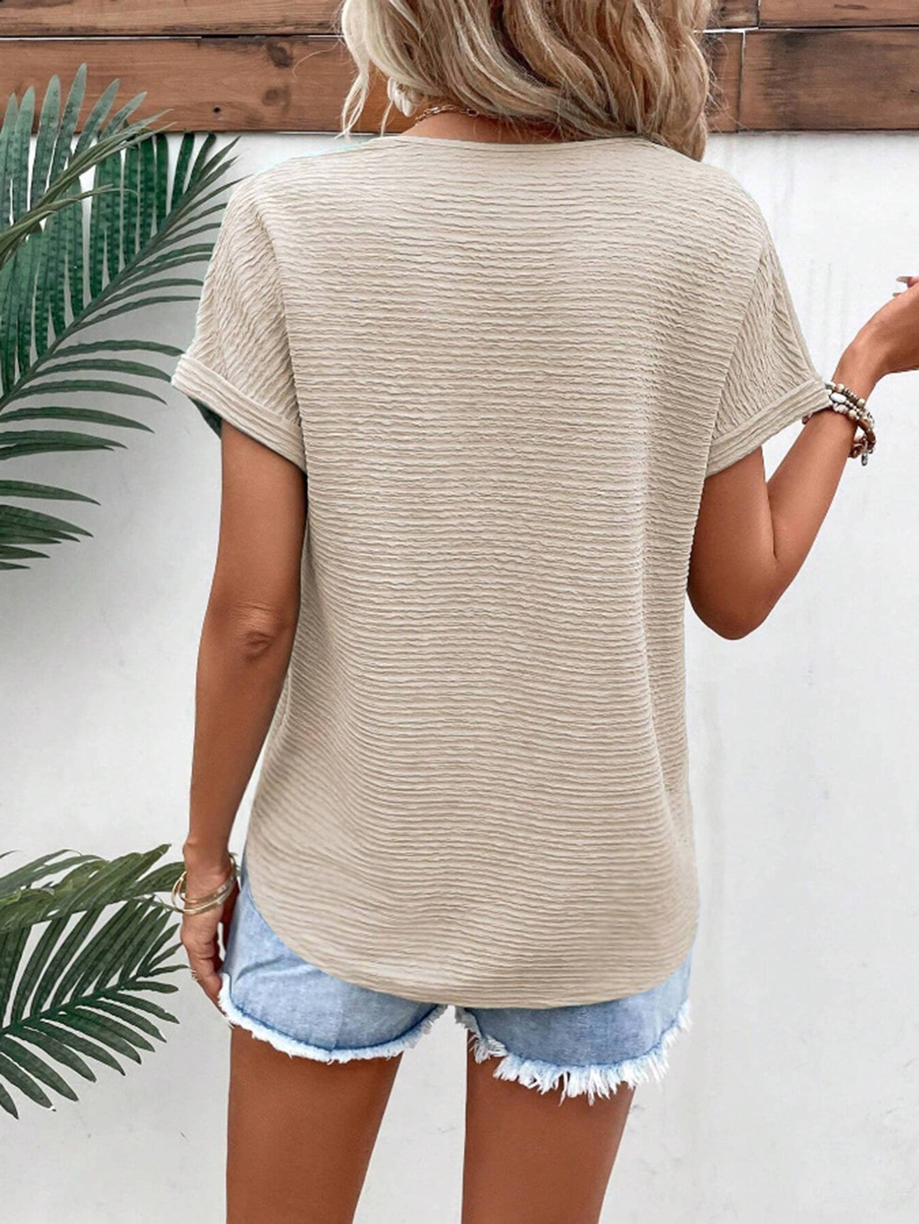 Fashion Loose V-neck Short Sleeved Shirt: Beige