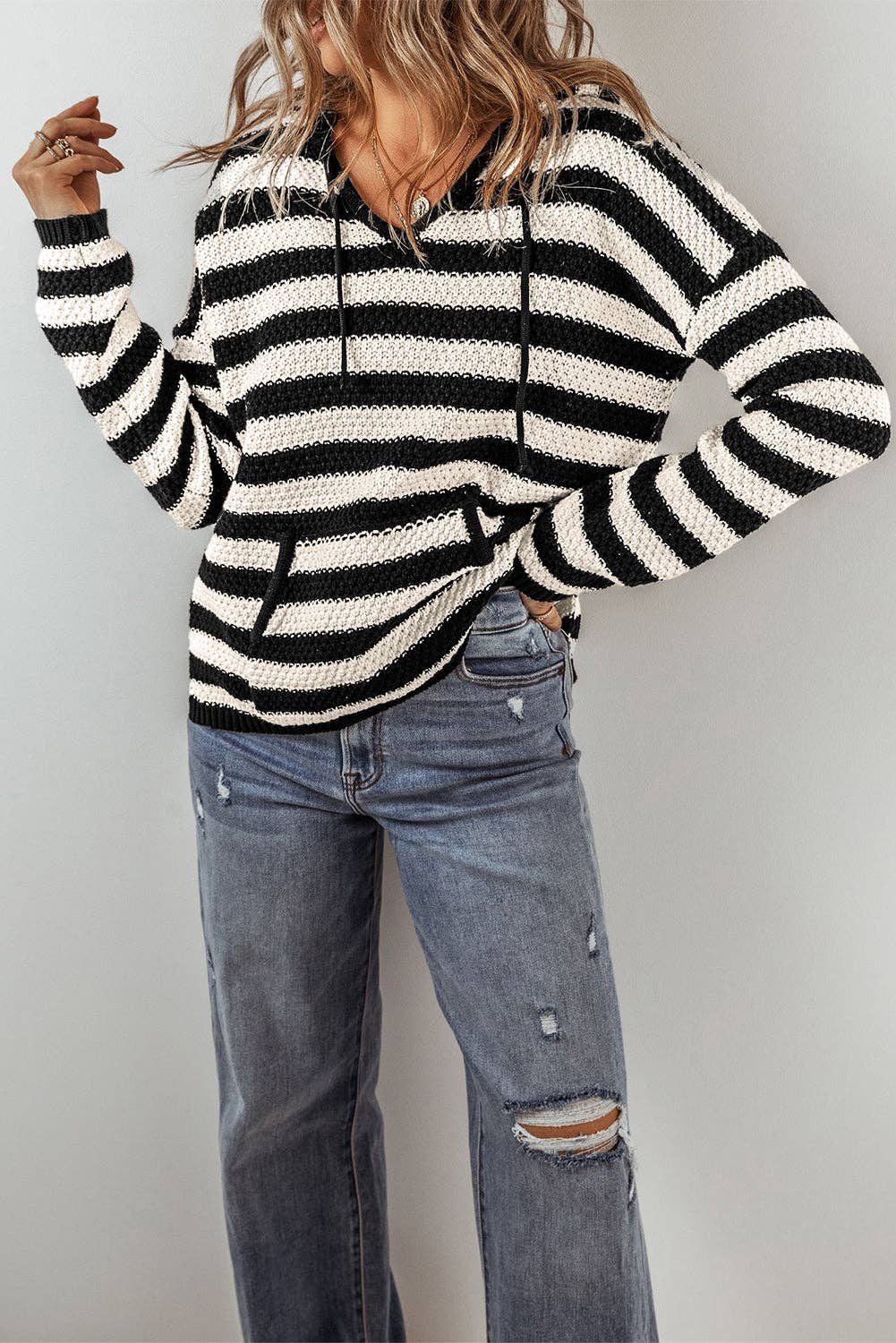 Stripe Drawstring Hooded V-Neck Sweater: White Stripe