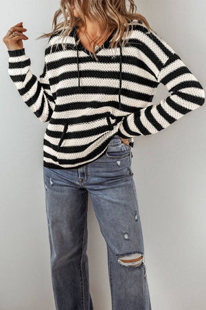 Stripe Drawstring Hooded V-Neck Sweater: White Stripe