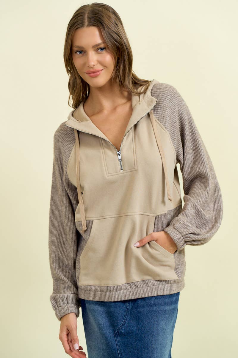 FLEECE & SOFT KNIT RIB MIXED HALF ZIP UP HOODIE -MOCHA