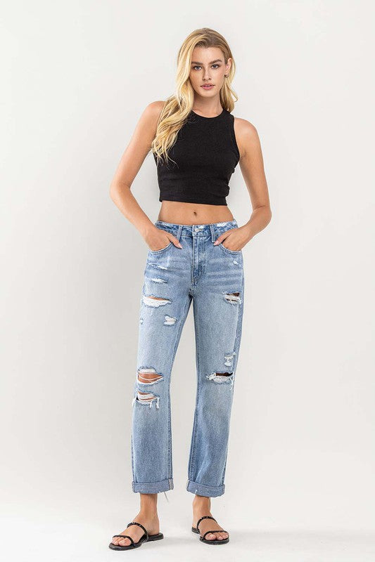 ROLLED UP RIGID BOYUFRIEND JEANS