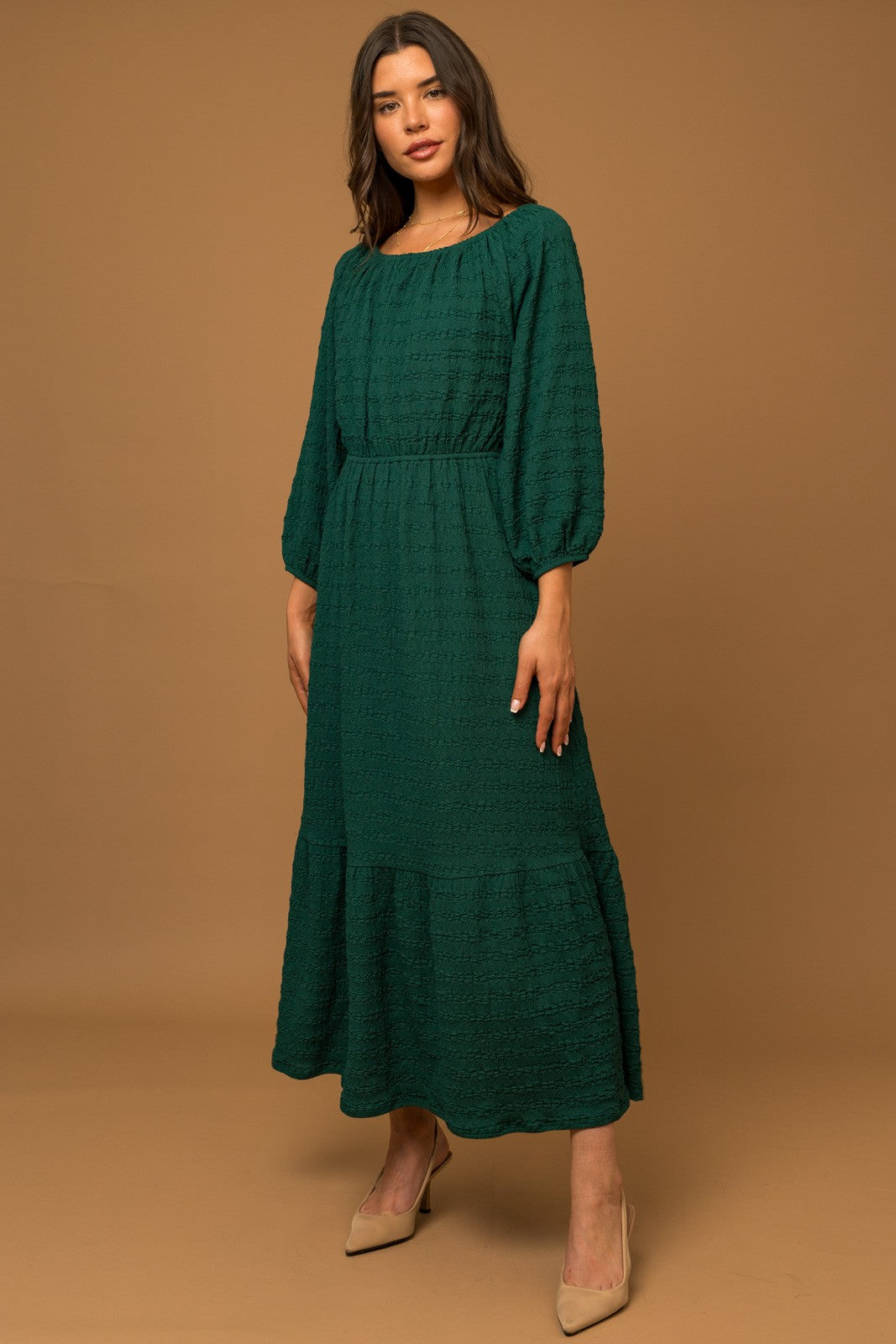 3/4 sleeve ruched dress 3/4 Sleeves Compression Knee Length Ruched Dress 134134 Olive Green / 12