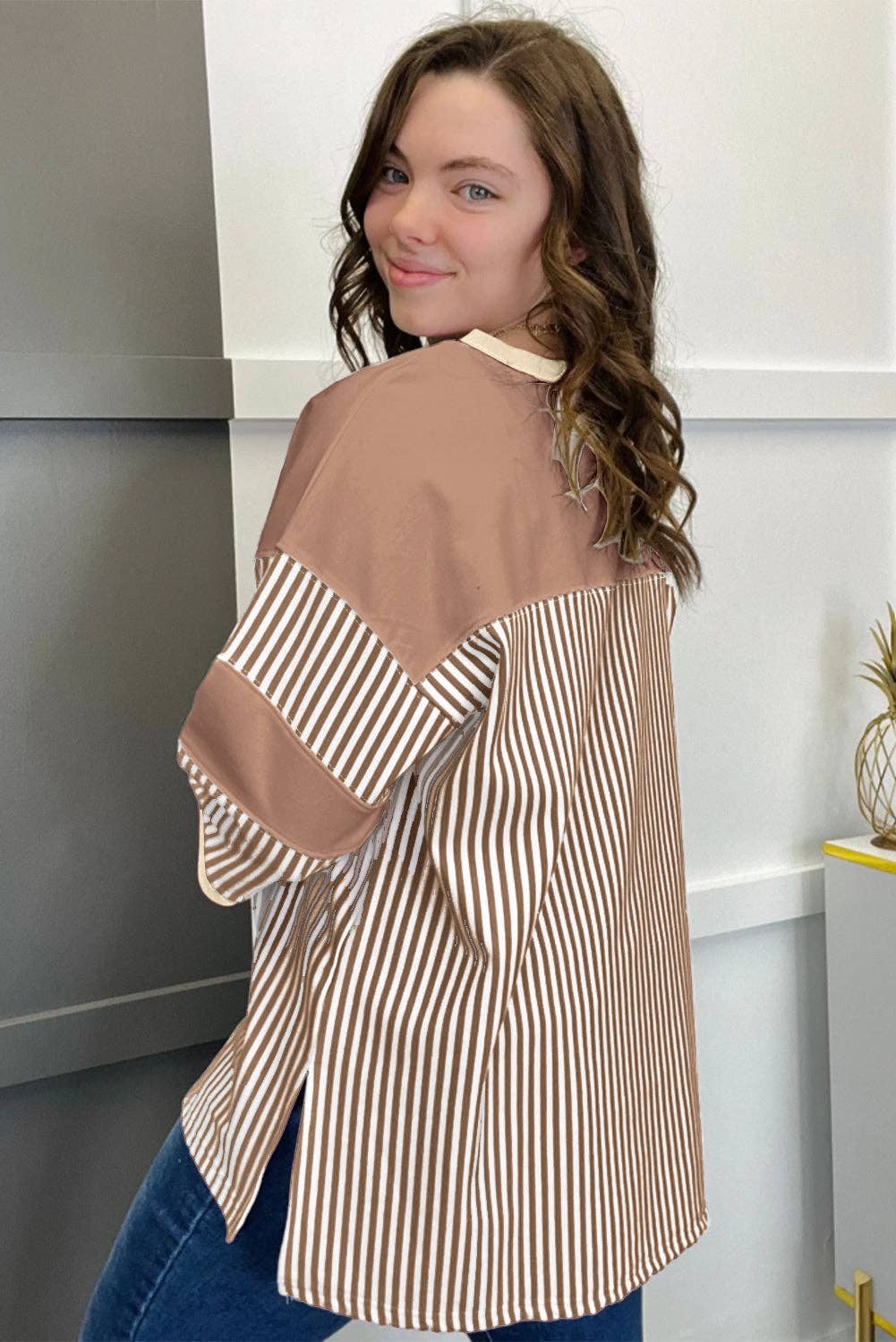 Khaki Stripe Patchwork Bracelet Sleeve Plus Size T Shirt: Khaki Stripe / 95%Cotton+5%Elastane / 2X