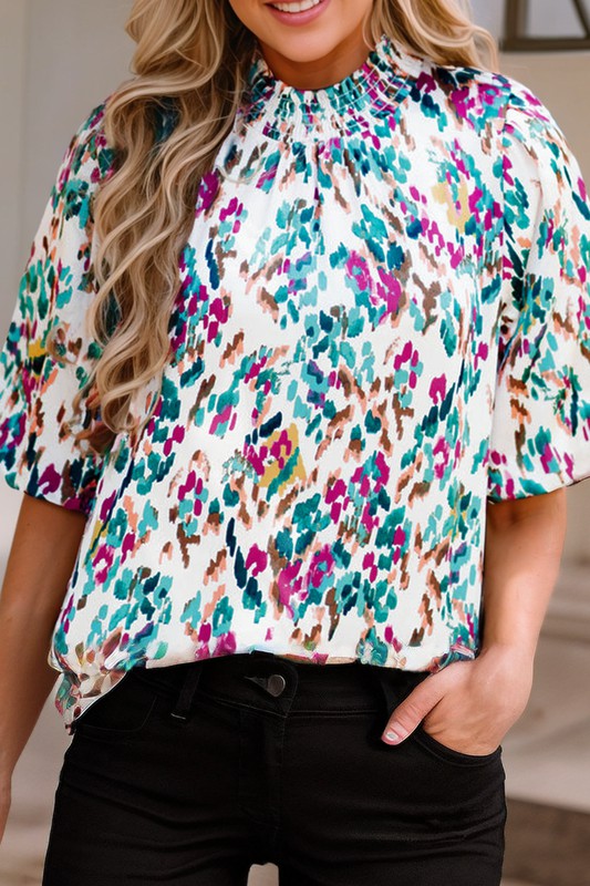 Abstract Print Puff Sleeve Mock Neck Blouse