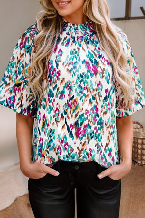 Abstract Print Puff Sleeve Mock Neck Blouse