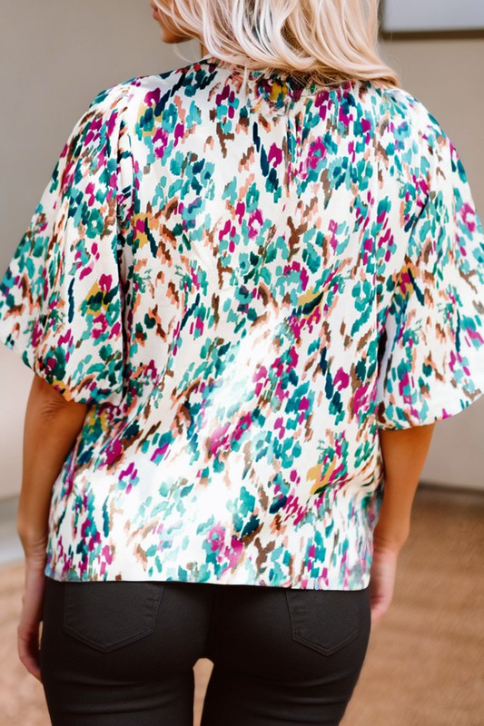 Abstract Print Puff Sleeve Mock Neck Blouse