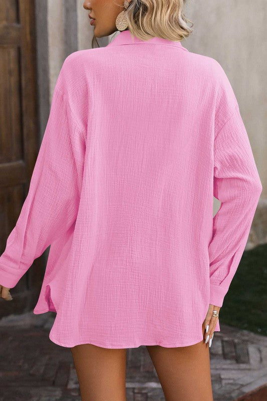 Crinkle Fabric Long Sleeve Pocket Top