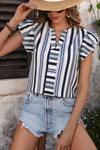 Striped Notched Neck Ruffle Sleeve Blouse