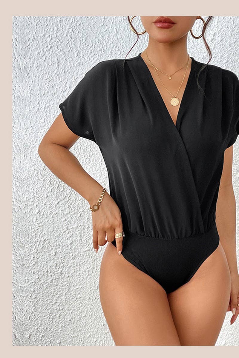 Deep V Neck Short Sleeve Bodysuit: Black