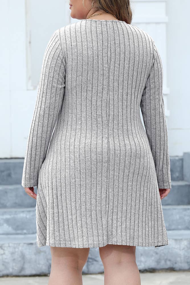 V Neck Buttoned Rib Plus Size Dress Grey