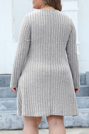 V Neck Buttoned Rib Plus Size Dress Grey