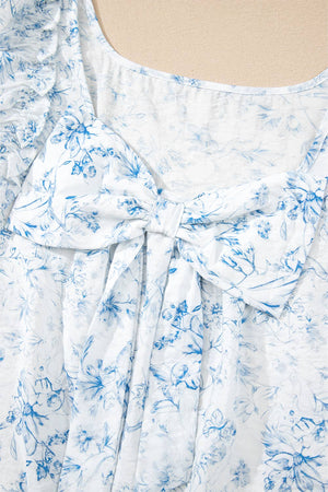 Floral Ruffled Short Sleeve Square Neck Bow Back Blouse: Sky Blue