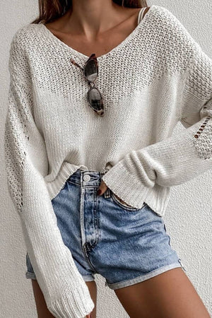 Long Sleeve V-Neck Pullover Light Weight Sweater: SAND
