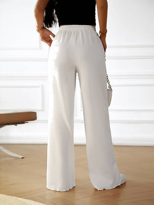 Elastic Waistband Casual Wide Leg Pants: White