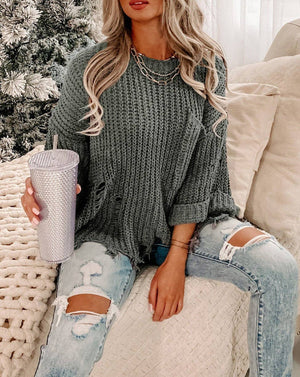 Distressed Pocketed Chunky Pullover Sweater: Grey