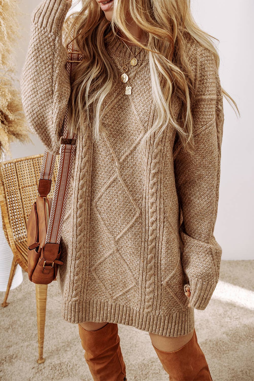 Cable Knit Drop Shoulder Loose Fit Sweater Dress Cable Knit Drop Shoulder Loose Fit Sweater Dress