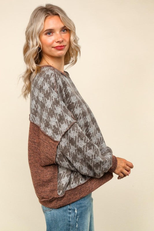 Color‑Block Houndstooth Knit Sweater