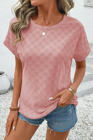Checkered Textured Round Neck T-shirt: Apricot Pink
