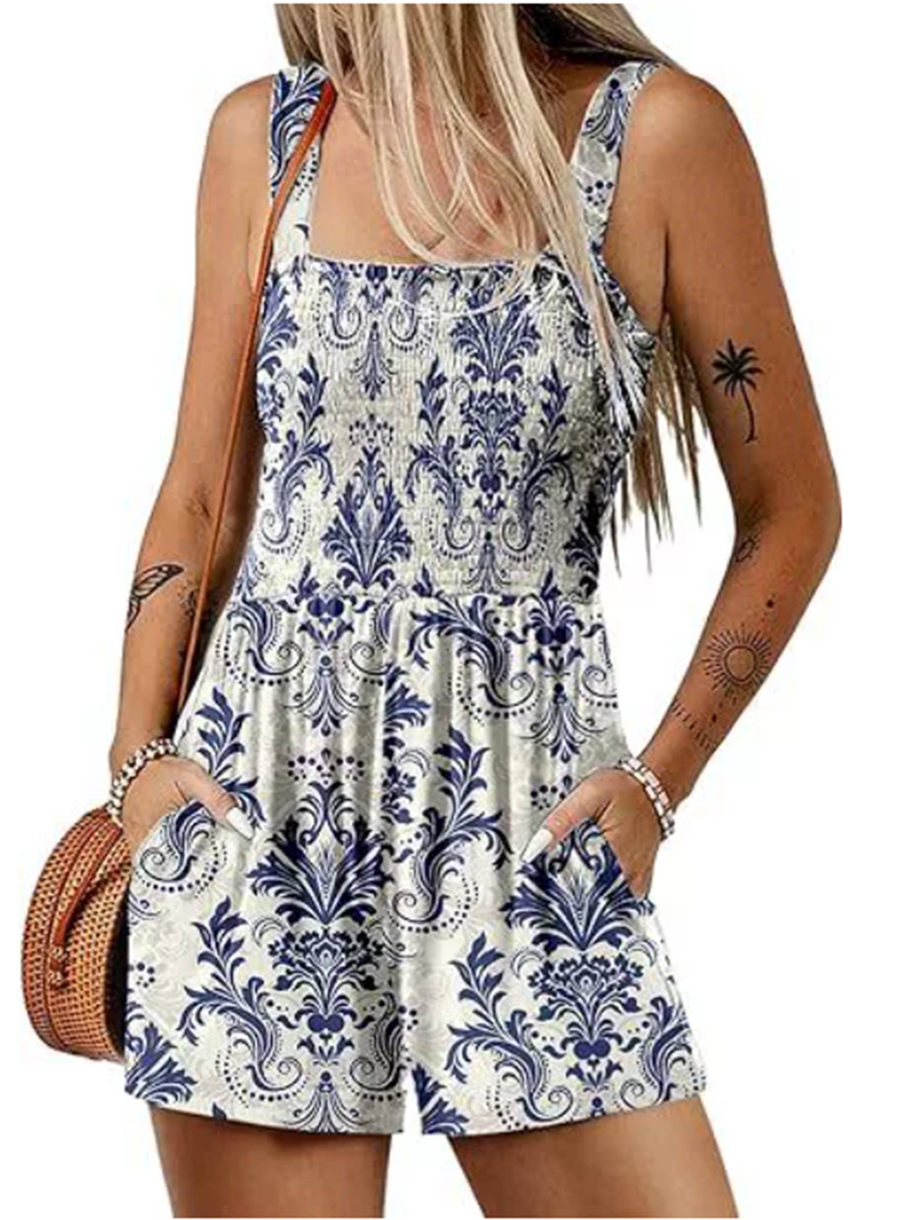 Square Neck Sleeveless Loose Jumpsuit Shorts: Blue / XL