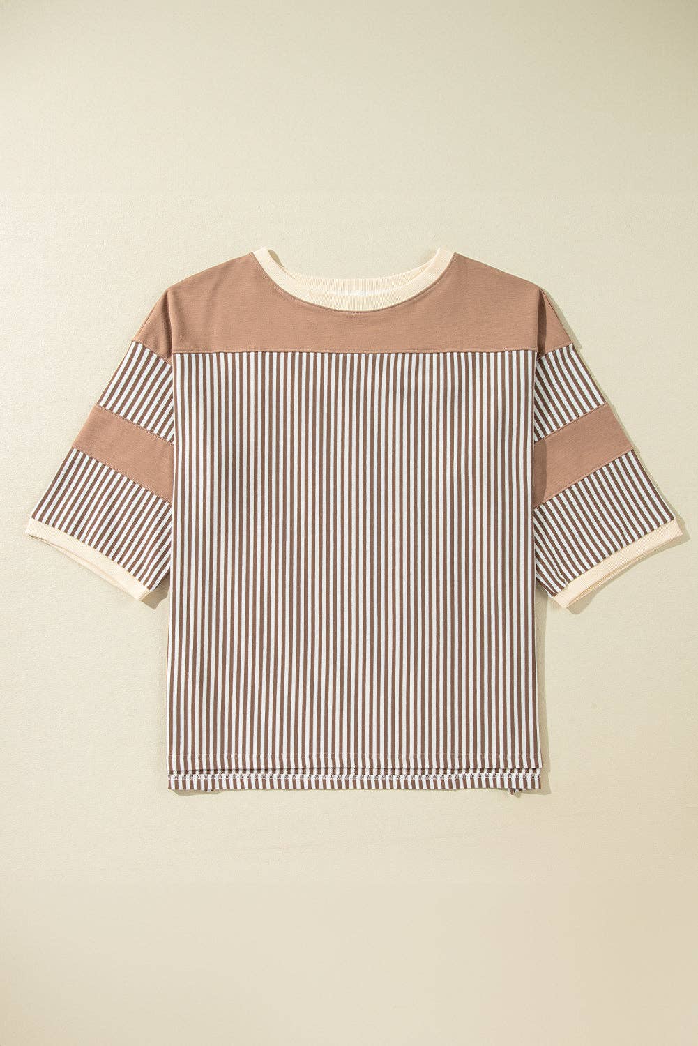Khaki Stripe Patchwork Bracelet Sleeve Plus Size T Shirt: Khaki Stripe / 95%Cotton+5%Elastane / 2X