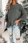 Distressed Pocketed Chunky Pullover Sweater: Grey