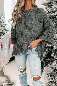 Distressed Pocketed Chunky Pullover Sweater: Grey