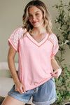 Lace Patchwork Exposed Seam V Neck T Shirt: Light Pink