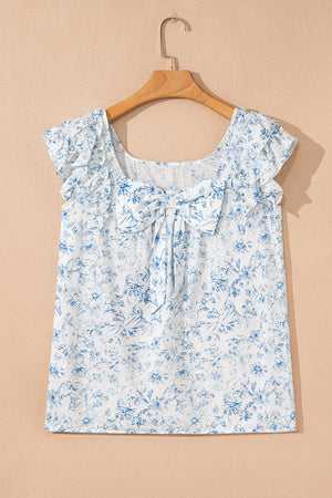 Floral Ruffled Short Sleeve Square Neck Bow Back Blouse: Sky Blue