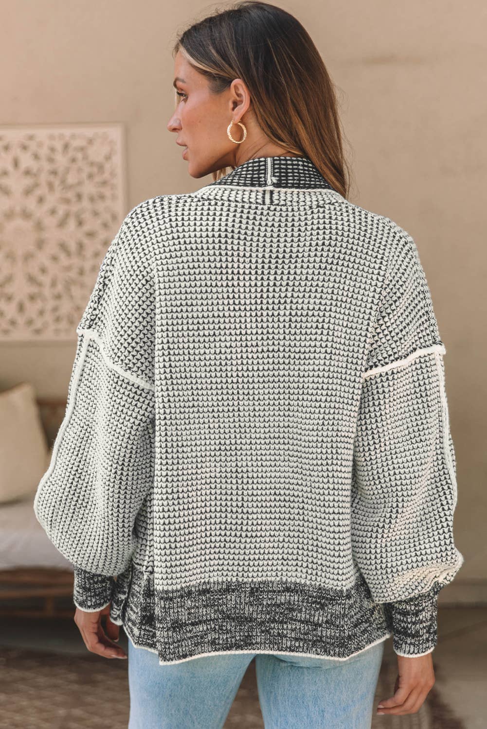 Chunky Waffle Knit Oversized Collar Cardigan: 65%Acrylic+35%Polyester