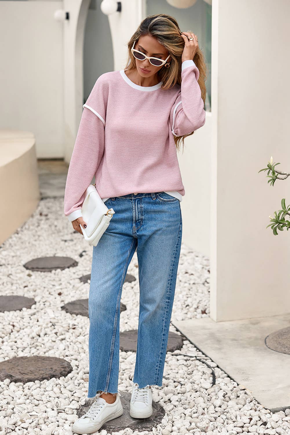 Contrast Color Trim Drop Shoulder Loose Top