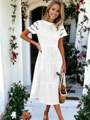 Solid Color Hallow Eyelet Sleeve Tier Midi Dress: White