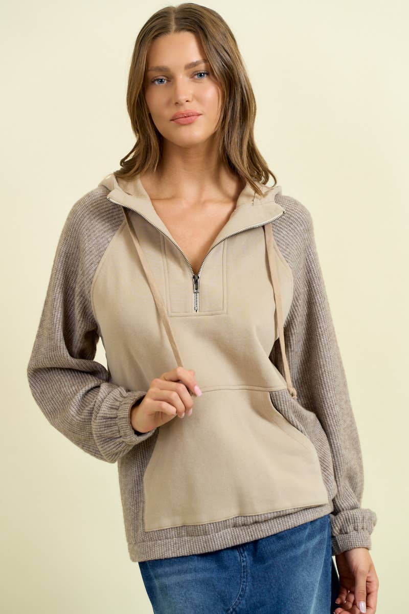 FLEECE & SOFT KNIT RIB MIXED HALF ZIP UP HOODIE -MOCHA