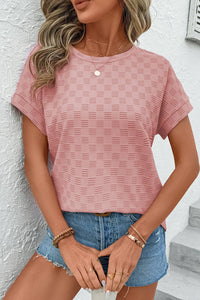 Checkered Textured Round Neck T-shirt: Apricot Pink
