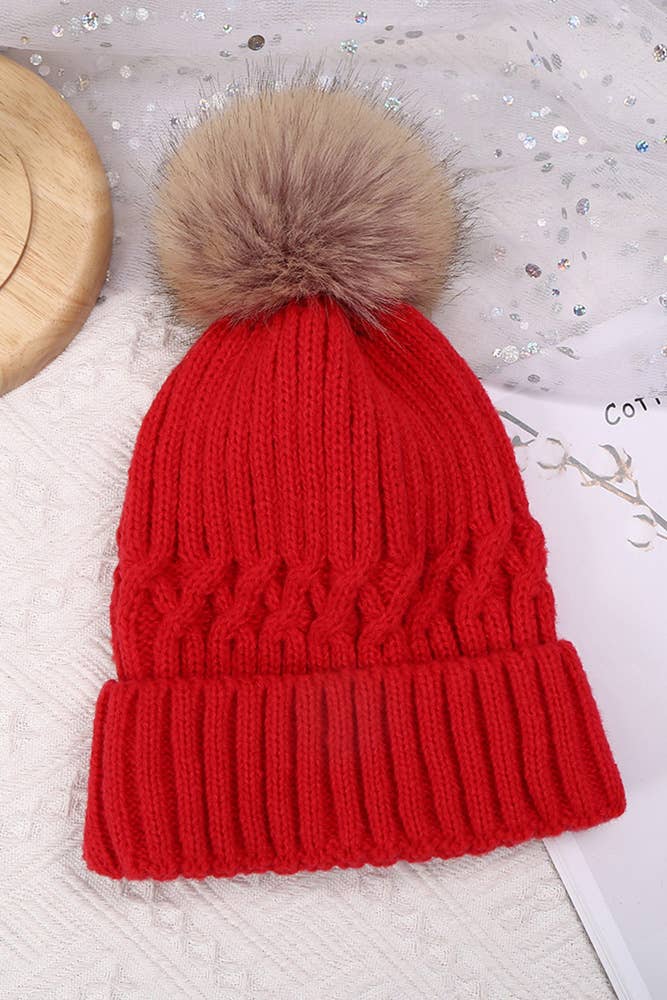 Fleece Cable Knitting Beanie Red / One Size