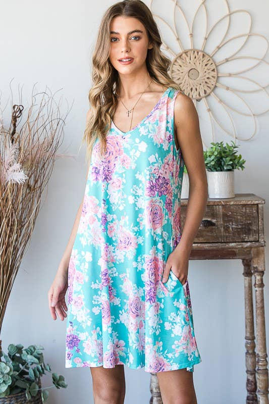 Turquoise Floral Sleeveless Dress