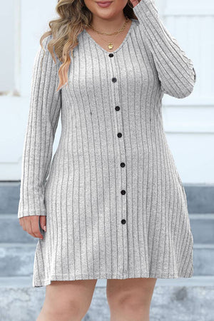 V Neck Buttoned Rib Plus Size Dress Grey