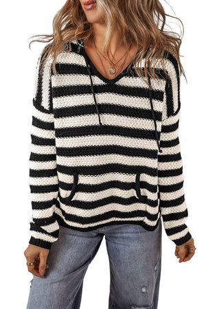 Stripe Drawstring Hooded V-Neck Sweater: White Stripe