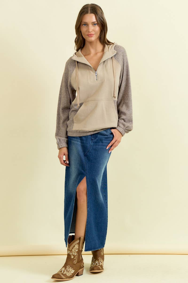 FLEECE & SOFT KNIT RIB MIXED HALF ZIP UP HOODIE -MOCHA