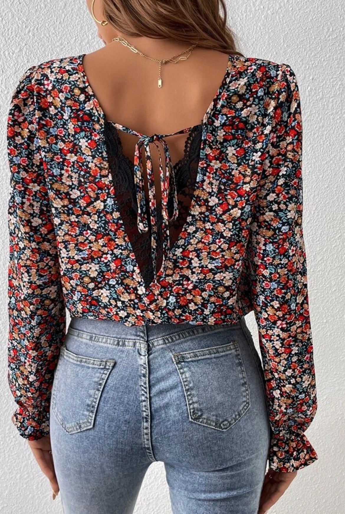 Floral V Neck Ruffled Cuff Long Sleeve