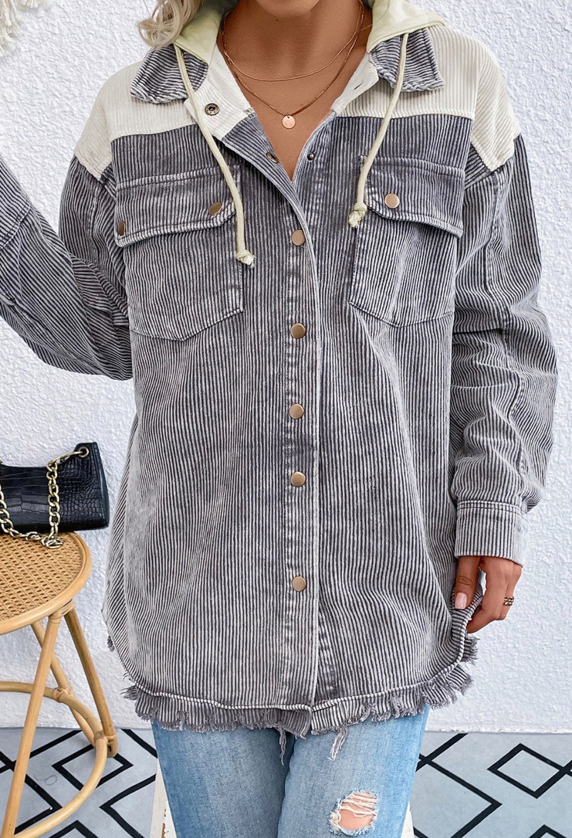 Grey/White Corduroy Hoodie
