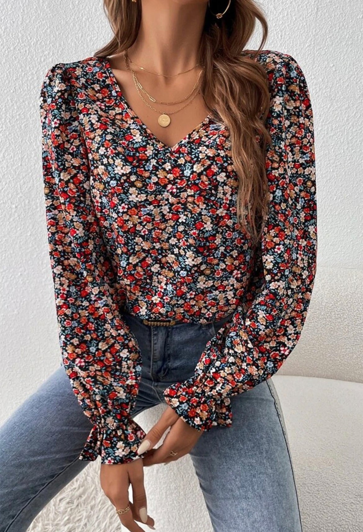 Floral V Neck Ruffled Cuff Long Sleeve