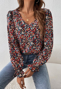 Floral V Neck Ruffled Cuff Long Sleeve