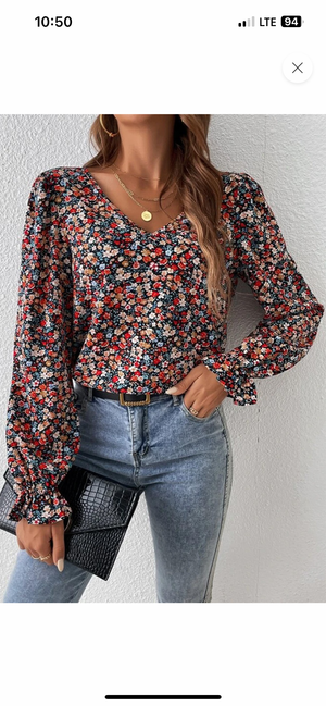 Floral V Neck Ruffled Cuff Long Sleeve