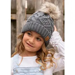 Kids Grey Cable Knit Pom Hat