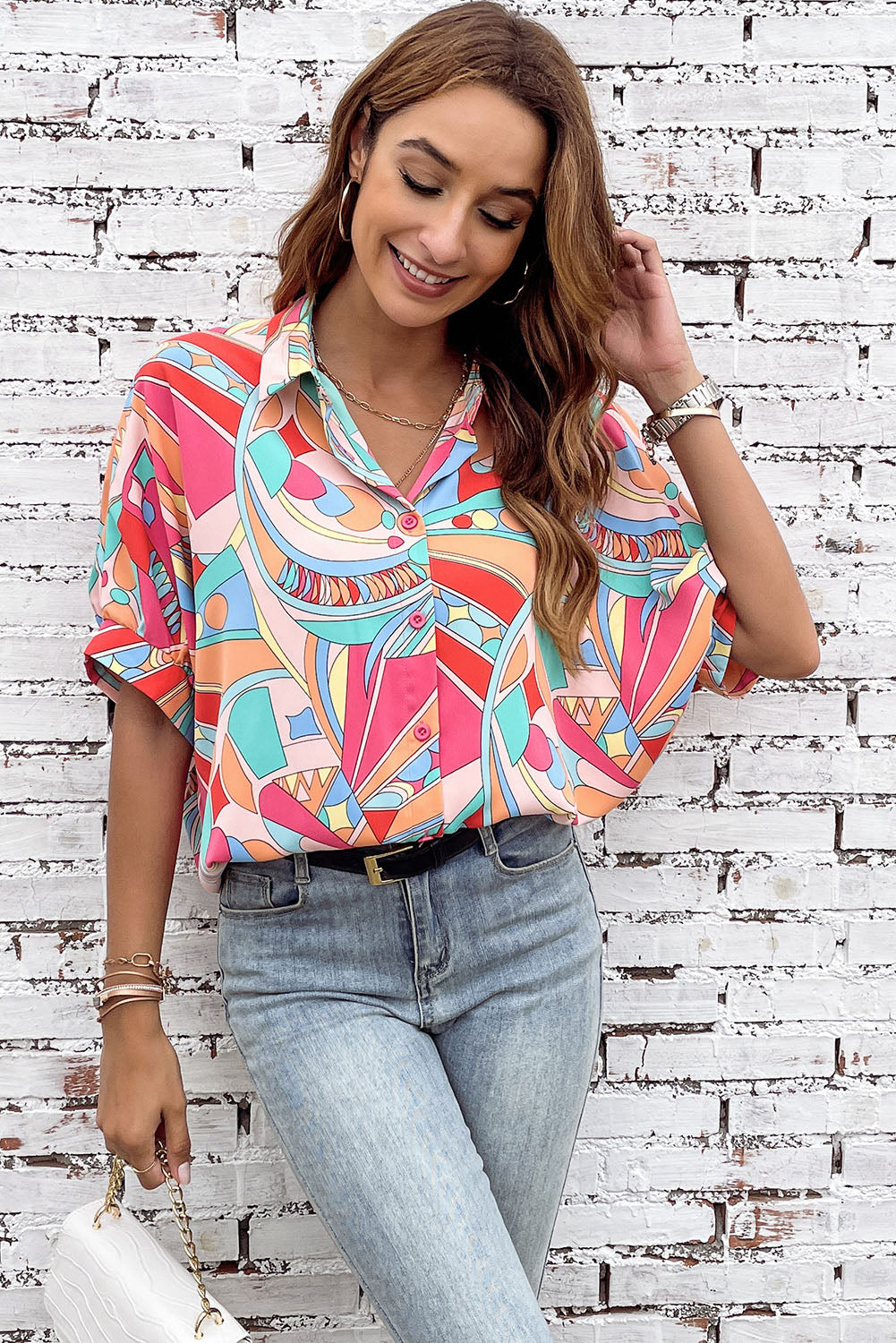 Multicolor Abstract Geometry Print Half Puff Sleeve Loose Shirt