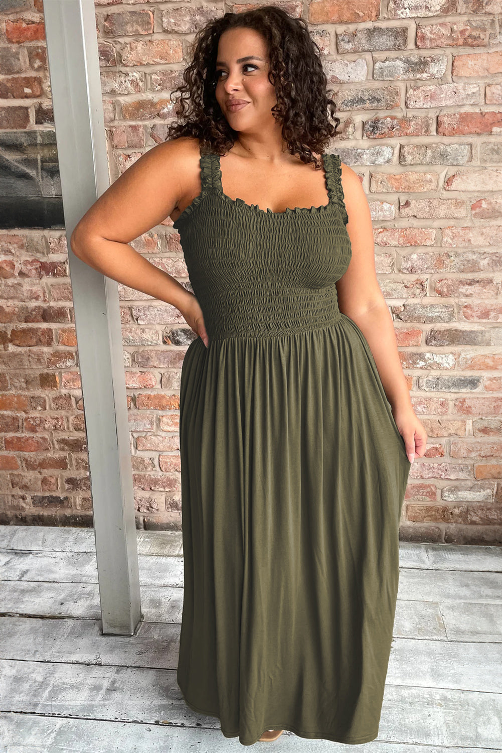 Jungle Green Shirred Bust Sleeveless Plus Size Maxi Dress Jungle Green Shirred Bust Sleeveless Plus Size Maxi Dress