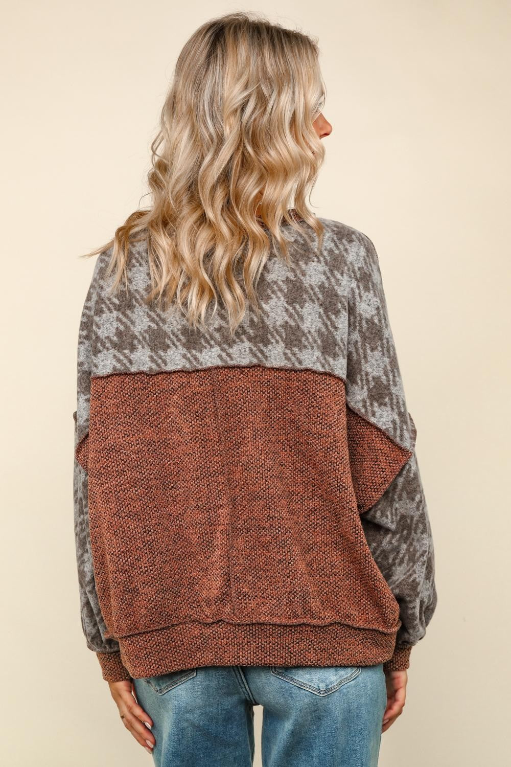 Color‑Block Houndstooth Knit Sweater